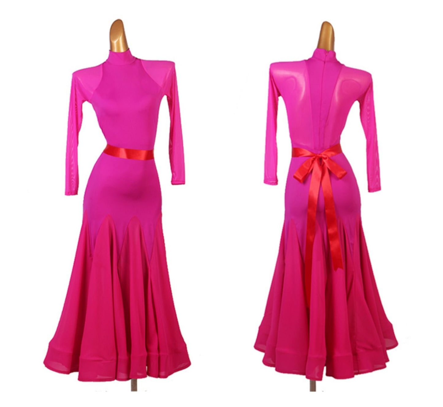 Long-sleeved Ballroom Dress in a Blend of Rose and Crimson Colors