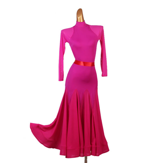 Long-sleeved Ballroom Dress in a Blend of Rose and Crimson Colors