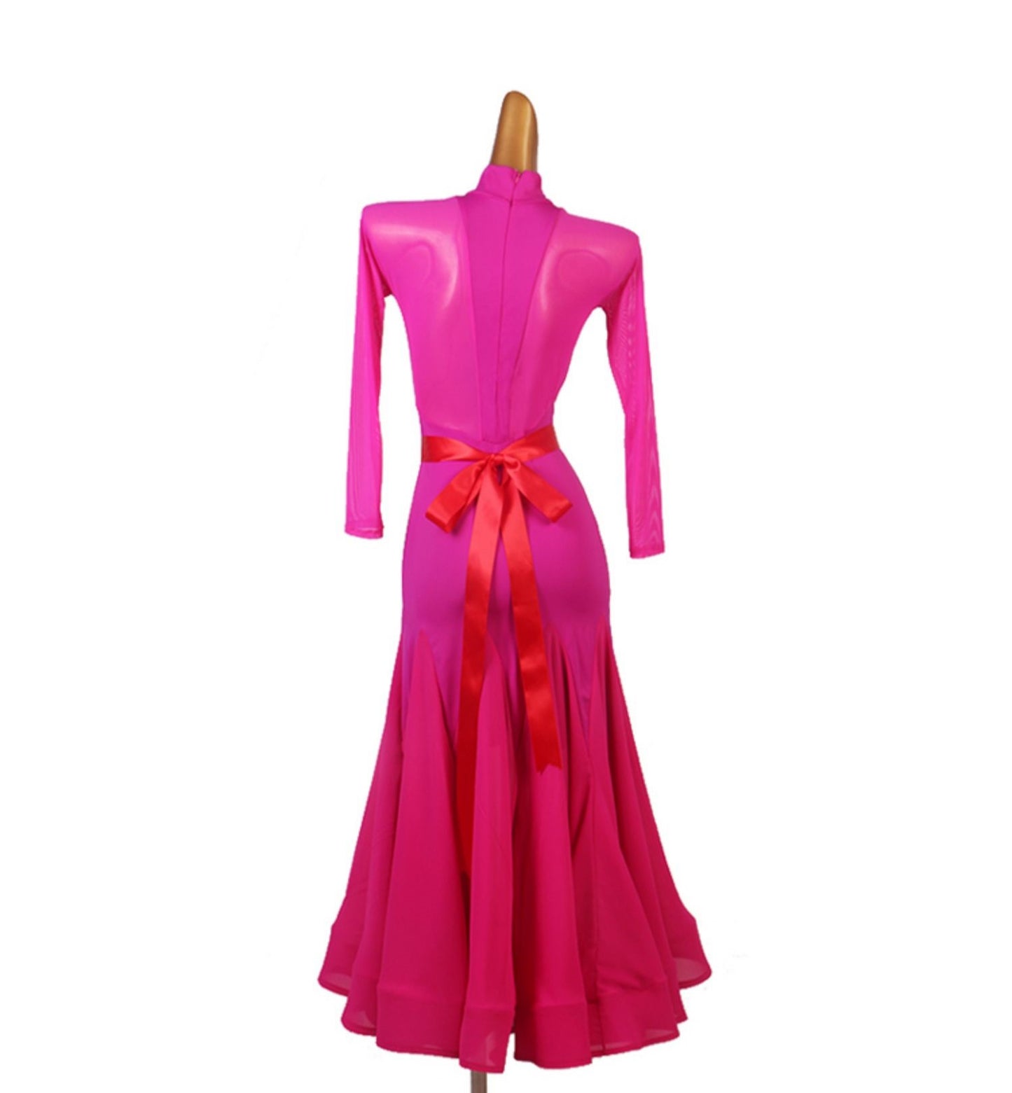 Long-sleeved Ballroom Dress in a Blend of Rose and Crimson Colors