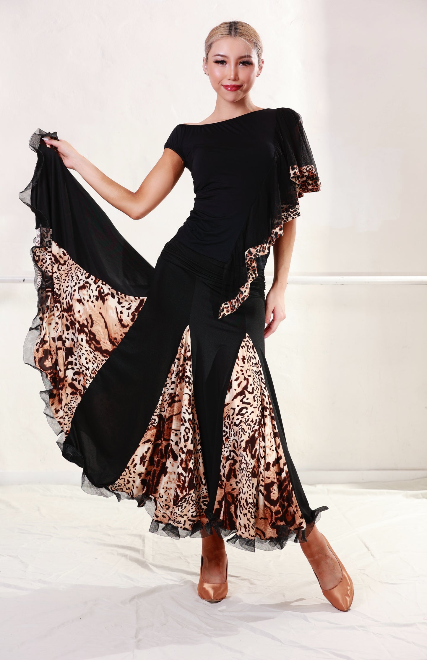 Ballroom Black Top&Skirt with Leopard Print