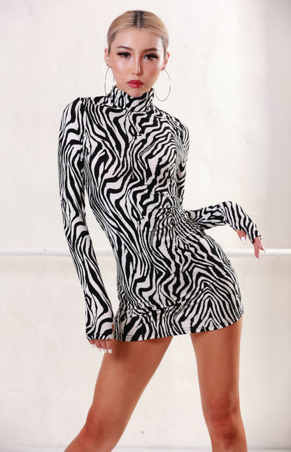 Ladies' Black and White Leopard Print Short Dress