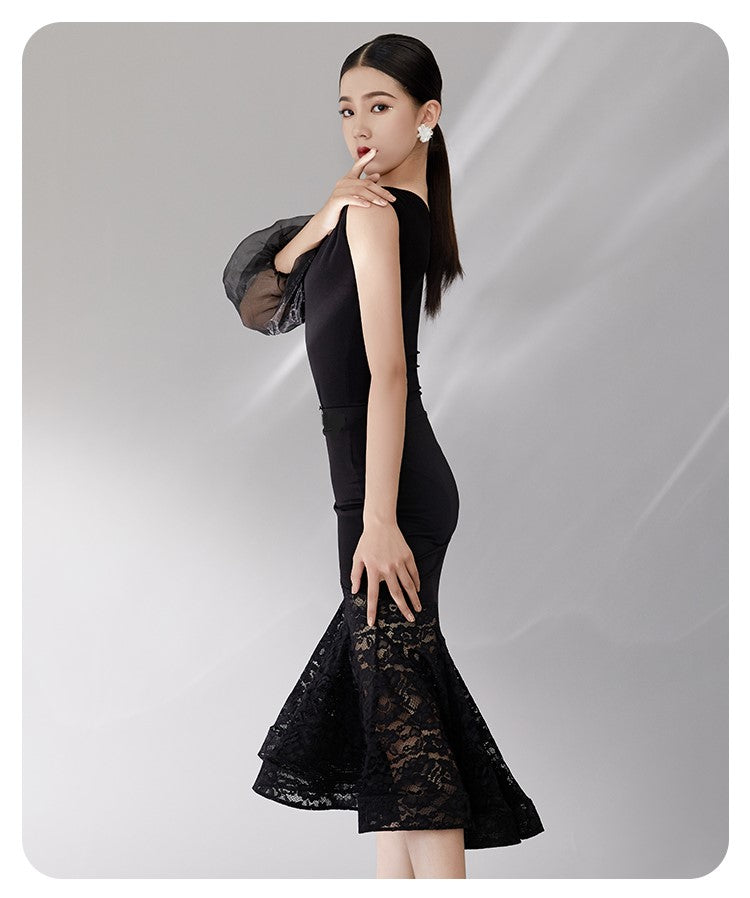 Black Ballroom Dance Dress with Chiffon Upper and Lace Lower