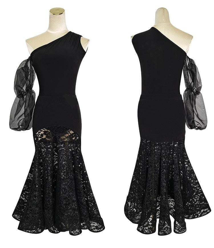 Black Ballroom Dance Dress with Chiffon Upper and Lace Lower