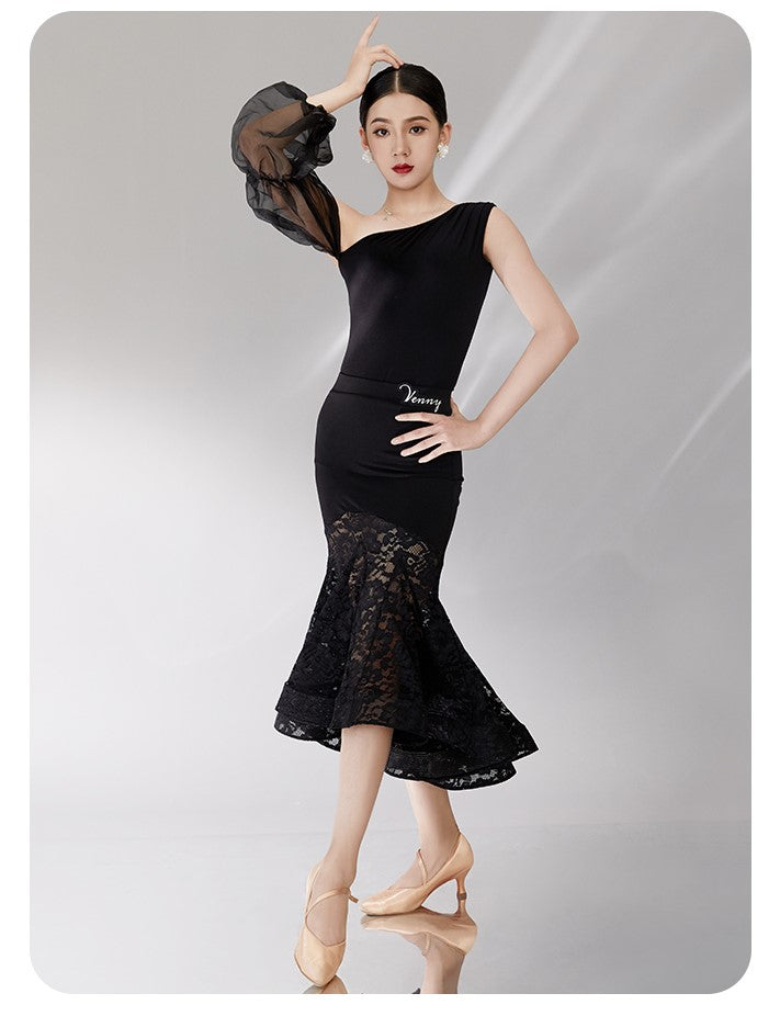 Black Ballroom Dance Dress with Chiffon Upper and Lace Lower