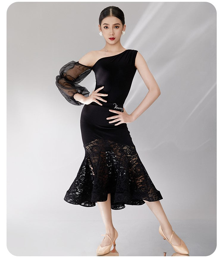 Black Ballroom Dance Dress with Chiffon Upper and Lace Lower